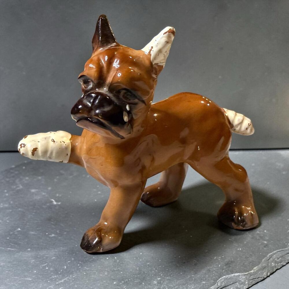 Vintage Japan Porcelain Boxer Crying Bandaged Glazed Dog CRAZING